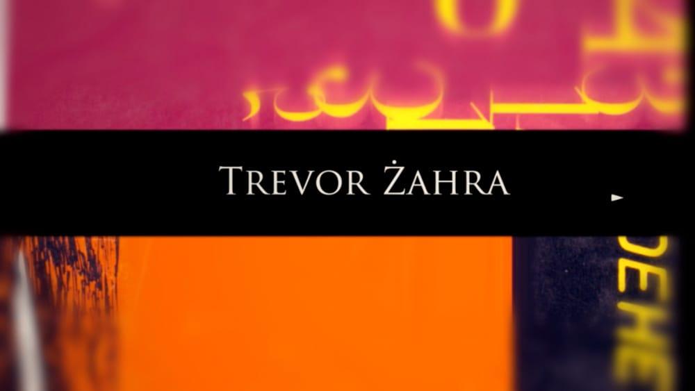 An image from the opening sequence of Trevor Zahra showing the covers of two of his books